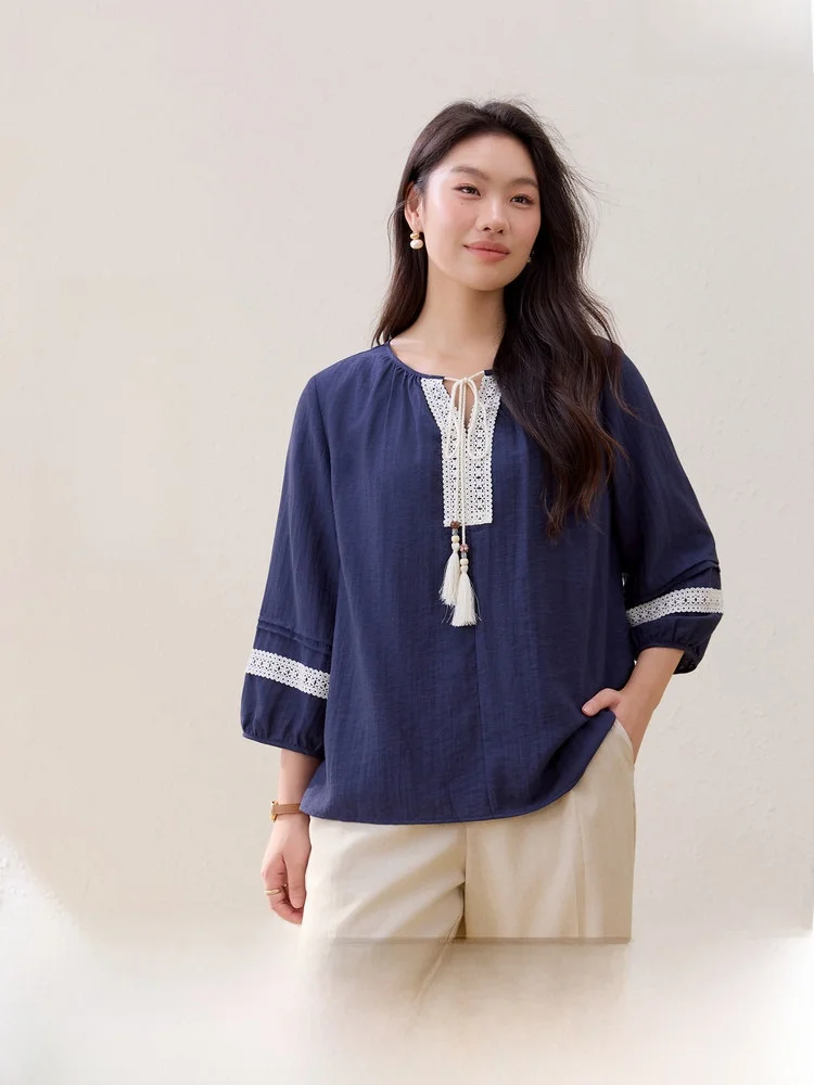 

Retro Ethnic Style Shirt Breathable Women's plus Size Clothing Korean Version Slim Fit Seven Sleeve V-Neck Summer New Arrival