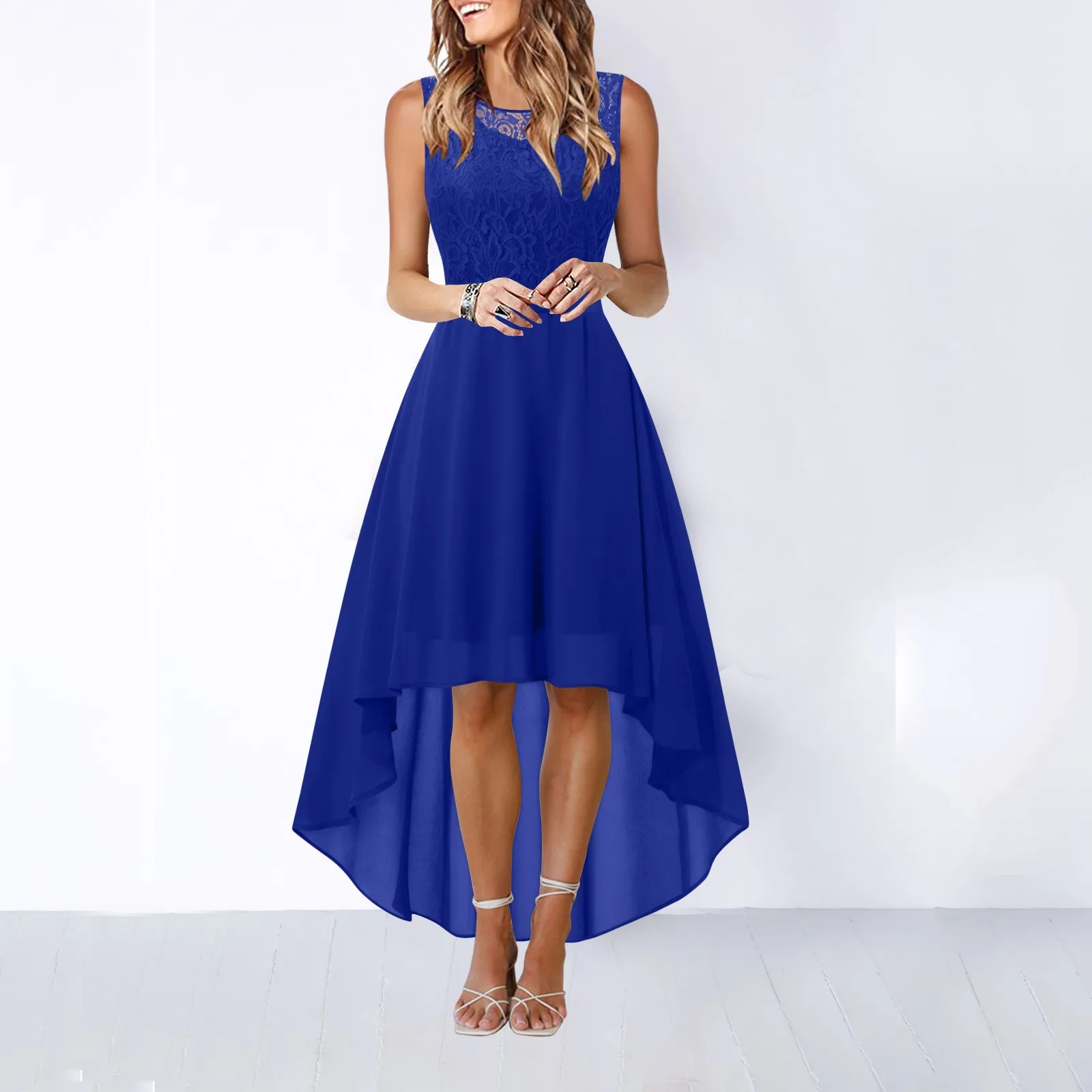 

For Women 2024 Lace Dress Bow Belt Elegant Irregular Length Dresses Wedding Guest Sleeveless Bridesmaid Cocktail Party Dress