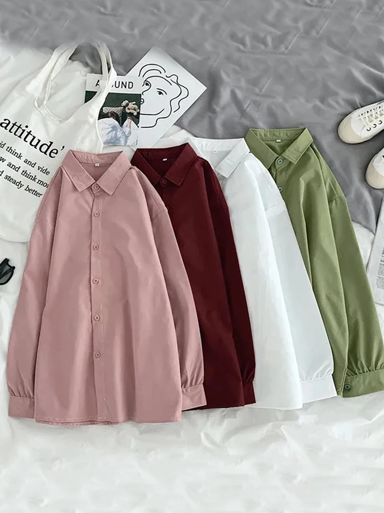 JMPRS Korean Loose Women Shirts Fall Long Sleeve Button Up Solid Color Fashion Office Ladies Long Sleeve White Thin Shirts