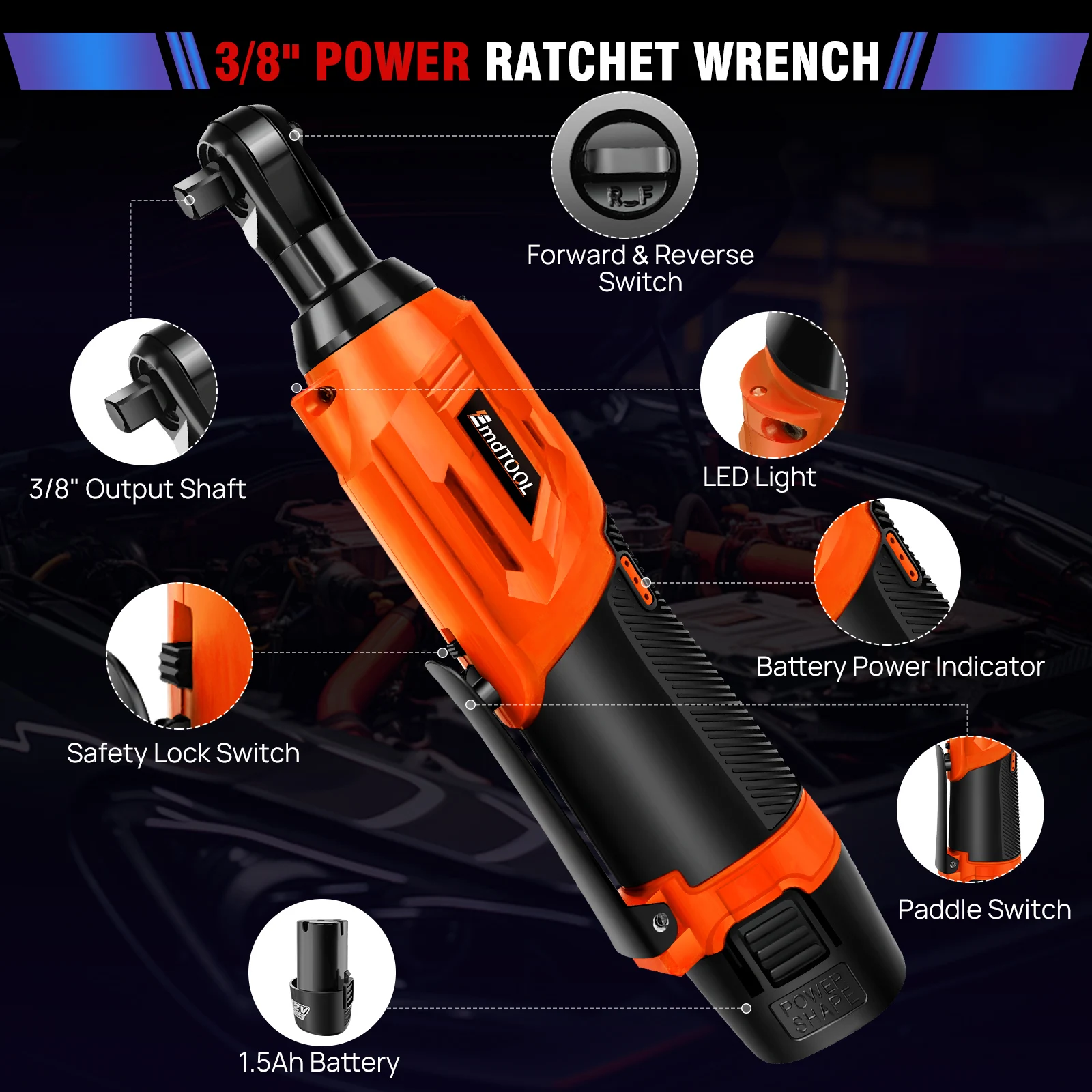 مجموعة مفاتيح ربط سقاطة كهربائية لاسلكية ، طاقة ، سائق سقاطة مع 7 مقابس ، بطاريتين ليثيوم أيون ، مفتاح إلى الأمام والعكس ، "، 12 فولت