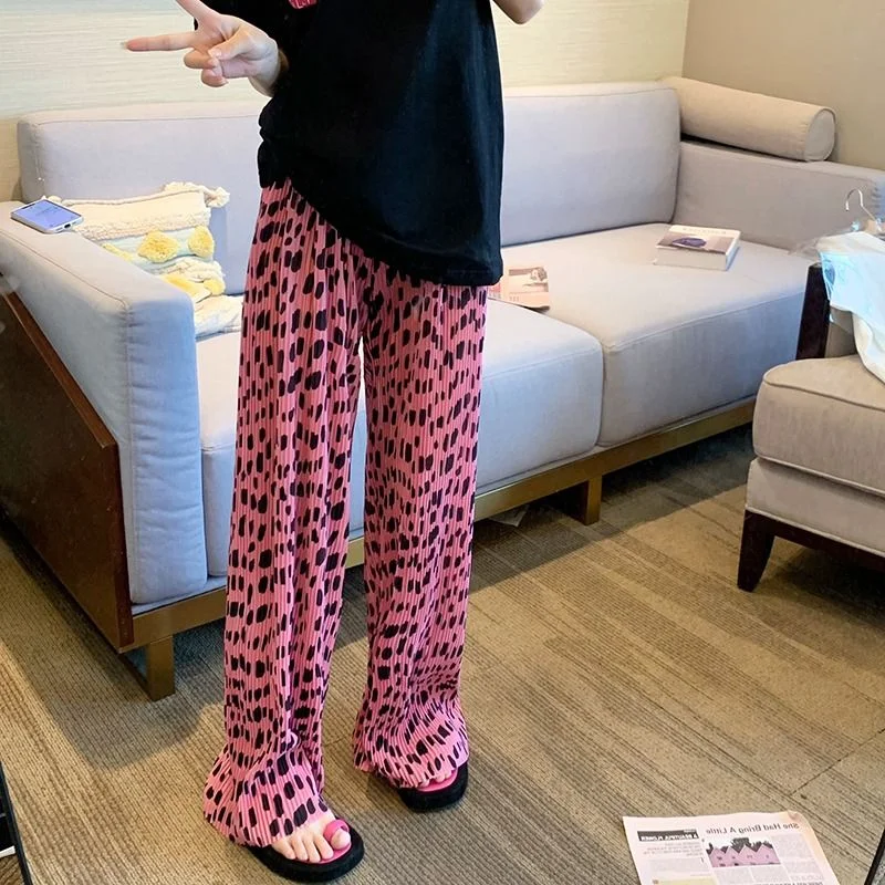 2026 Retro Y2K Women's Pink Leopard Print Wide Leg Pants High Waist Pleated Flowy Floor-length Trousers for Street Style
