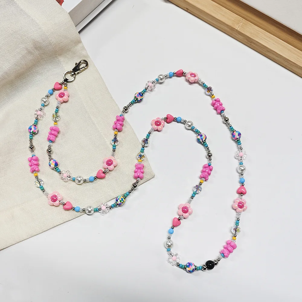 HERLOOK Cute Beaded Phone Strap for Women with Bear Heart Flower Charms Fashion Pendant Cellphone Chain Trendy Gift for Her