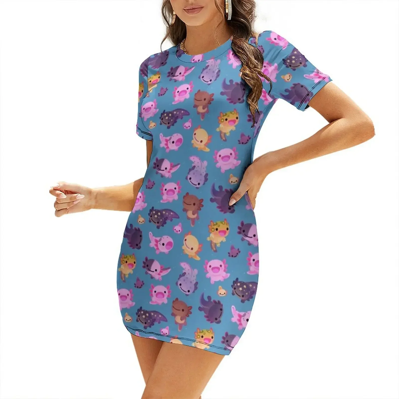 

Happy axolotl - blue Short-Sleeved Dress summer clothes for women dresses for womens 2026