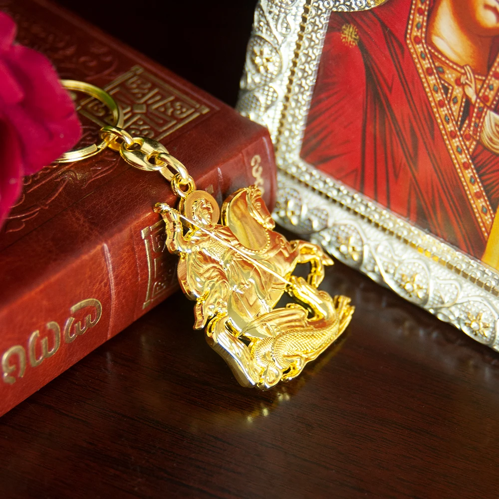 Best Selling Plated Saint George Horse Dragon Key Ring Gloss Golden Silver Dual Color Portable Religious Accessory Baptism Confi
