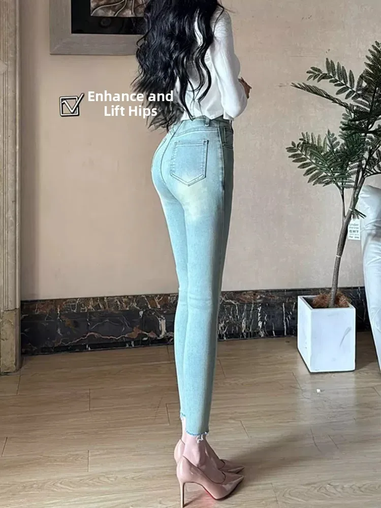 

High Waist Thiened Stretchy Korean Sle Denim Nine-Piece Pants Women's Autumn Winter Slimming Leggings Elastic Jeans