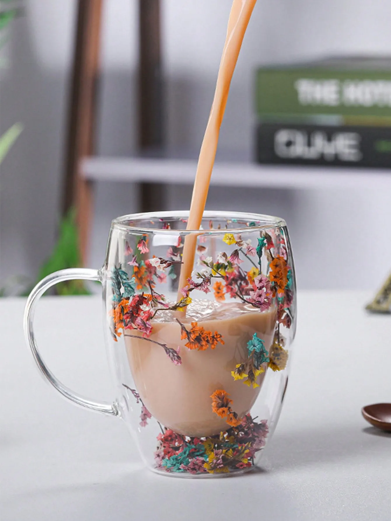 1 350ml double-layer transparent handmade dried flower glass cup, heat-resistant and high borosilicate egg shaped coffee cup