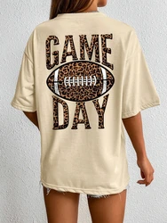 Game Day Leopard Rugby Letter Graphic Female T Shirt Street Hip Hop Short Sleeve Breathable Clothing Oversized Street T-Shirt