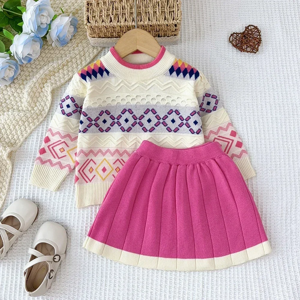 Geometric Pattern Printed Round Neck Long Sleeved Sweater+color Blocked Pleated Skirt 2-piece Sets Winter Children's Clothing