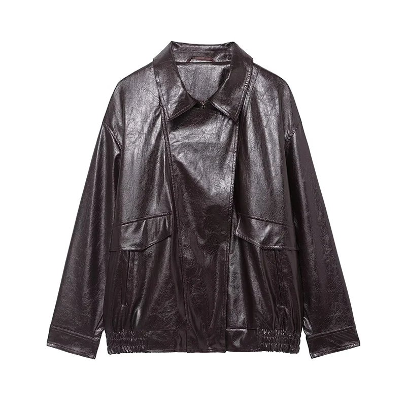 

Willshela Women Fashion PU Coffee Front Zipper Jackets Vintage Lapel Neck Long Sleeves Female Chic Lady Coats Outfits