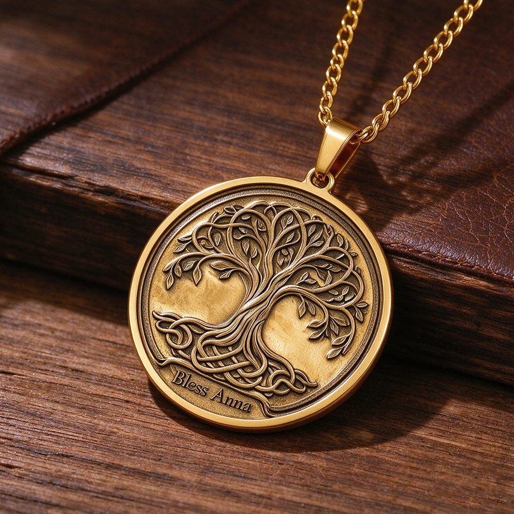 Custom Name Tree of Life Necklace Brass Relief Life Tree Pendant Stainless Steel Chain Personalized Engraved Family Tree Jewelry