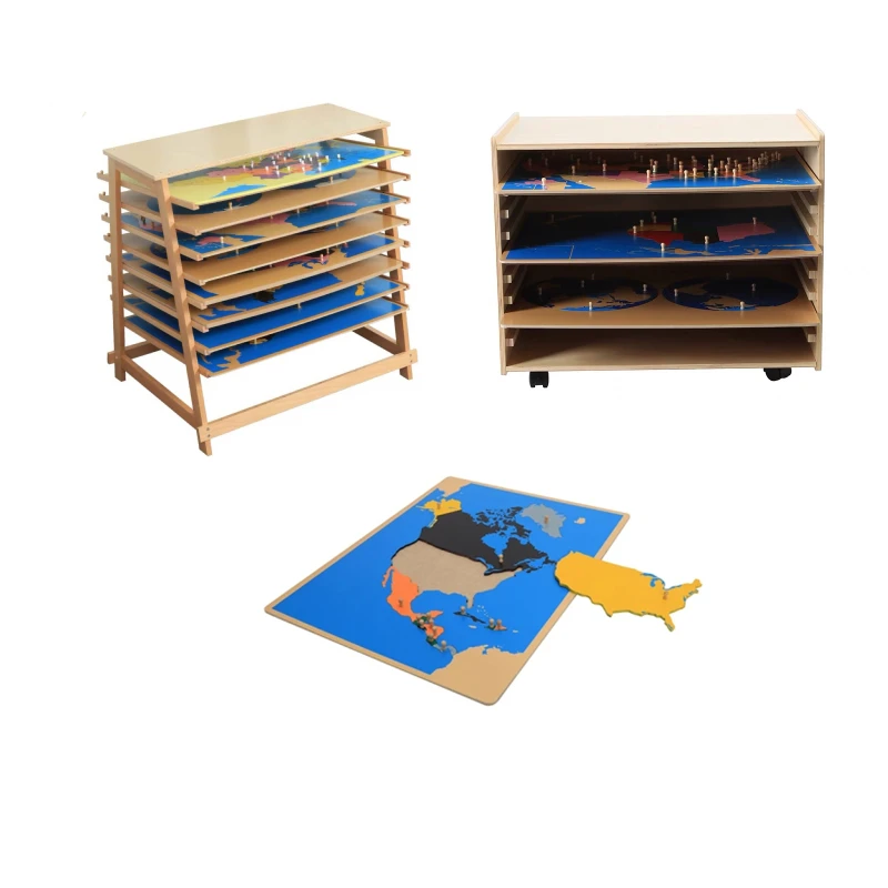 Montessori Maps Puzzles W/ Cabinet or Stand Wood Geography Materials Classroom Educational Equipment Early Learning Resources