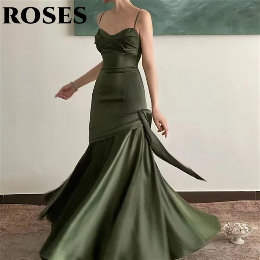 

ROSES Green Elegant Stain Prom Dress Spaghetti Strap Formal Gown Trumpet Sweetheart Pleats Party Dresses for Woman Customized