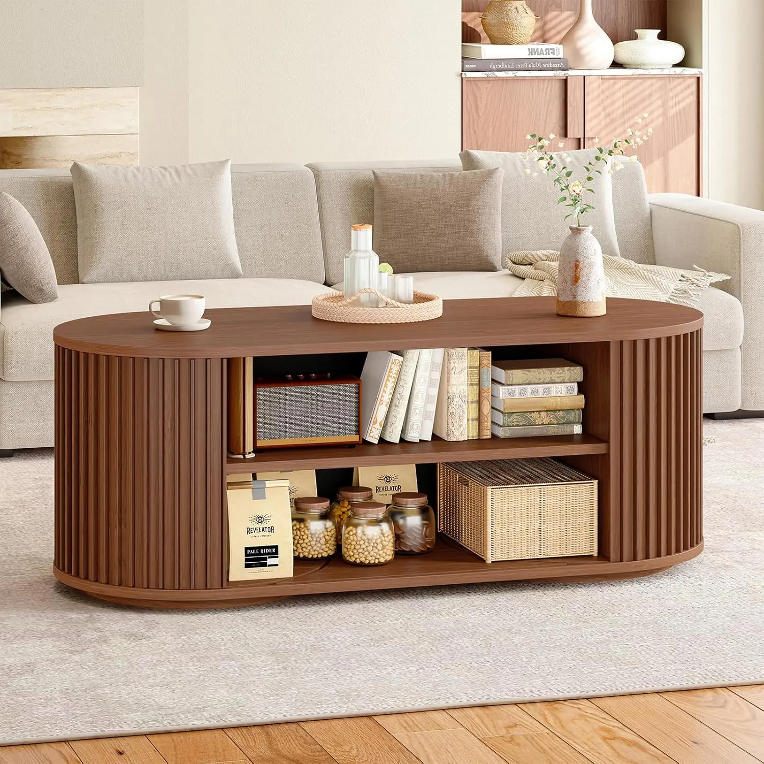 

47in Oval Coffee Table with Storage & Adjustable Shelf Mid-Century Modern Center Table Walnut for Living Room Customized
