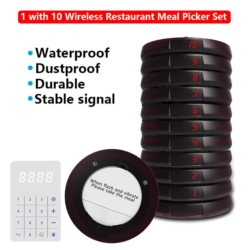 1 with 10 Round Wireless Calling System Vibrators Paging Device Restaurant Meal Picker Set Queuing Number Calling Device