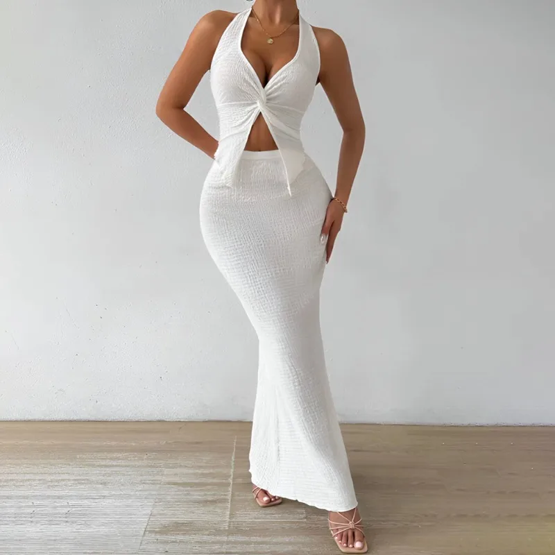 

White Long Skirt Two Piece Summer Sexy Twist Lace-up Vest Top Tight Long Skirt Set Elegant Female Long Dress Sets