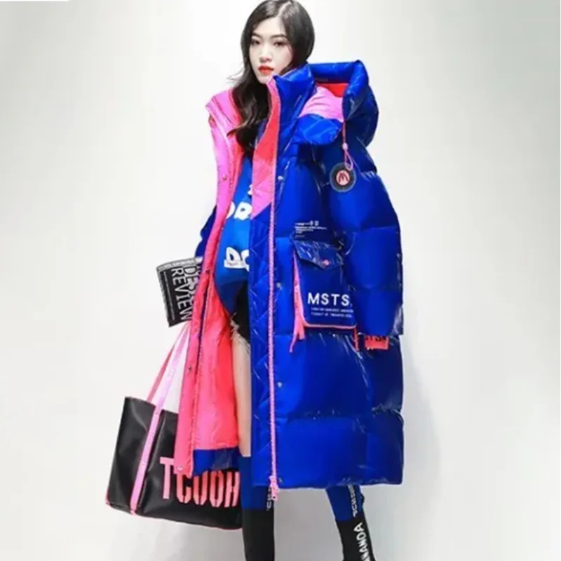 Женское зимнее длинное пальто на белом утином пуху, с капюшоном, 2023 Пух белой утки, блестящая Водонепроницаемая Толстая Свободная верхняя одежда, теплая парка, пуховик для снега, 90%