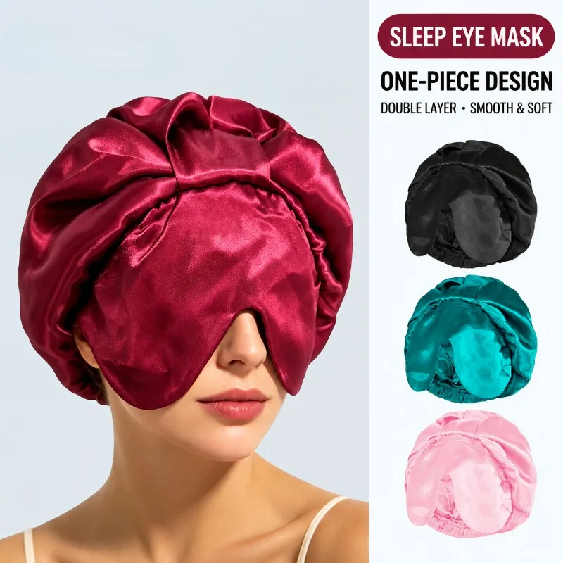 Women Satin Sleep Cap with Eye Mask 2-in-1, Double Layer Light Blocking Hair Care Hat, Soft Postpartum Head Cover for Night