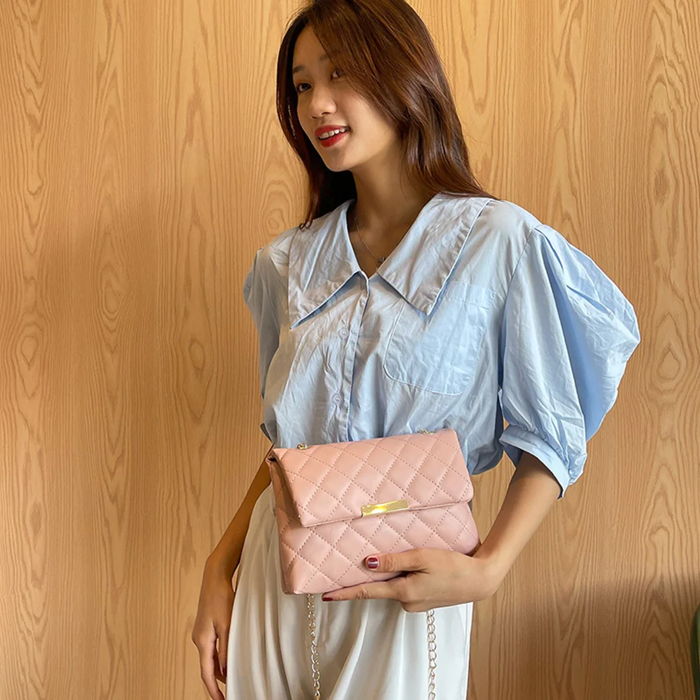 New Fashion Women Shoulder Bag Rhombus Embroidered Solid Color Chain Crossbody Bag Casual Handbag Ladies Trendy Clutch Phone Bag