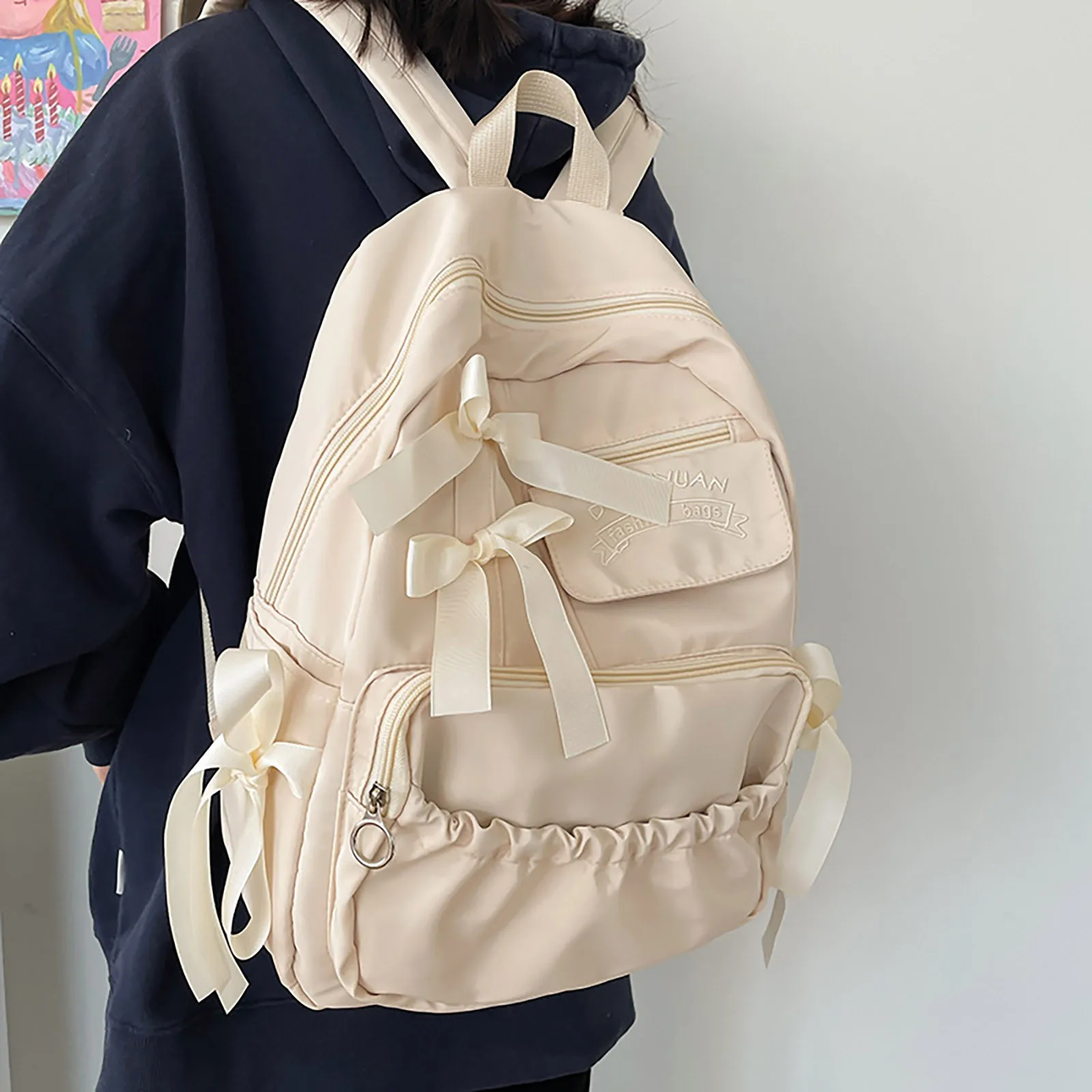 

Cute Bow Decor Pleated Student Schoolbag Versatile Kawaii Backpack With Adjustable Shoulder Strap Laptop Bag Travel Backpack