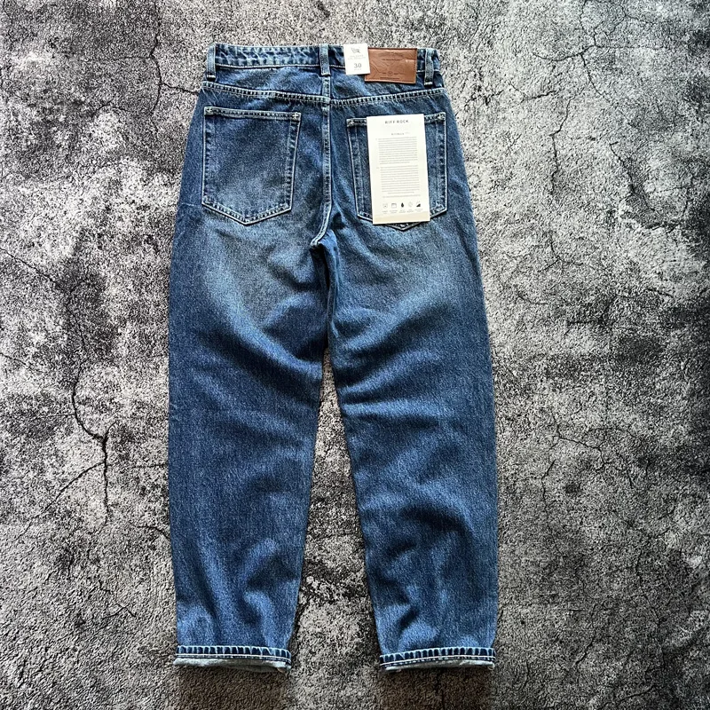 

Japanese Retro Loose Straight Wide-Leg Dad Jeans American Casual Streetwear Classic Deep Blue Amekaji Denim Pants for Men