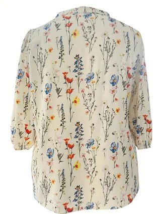 بلوزة نسائية صغيرة الحجم برقبة على شكل حرف V وأكمام ثلاثة أرباع مطبوعة بالزهور منسوجة بالكامل بلوزة نسائية فضفاضة لطيفة غير رسمية #2