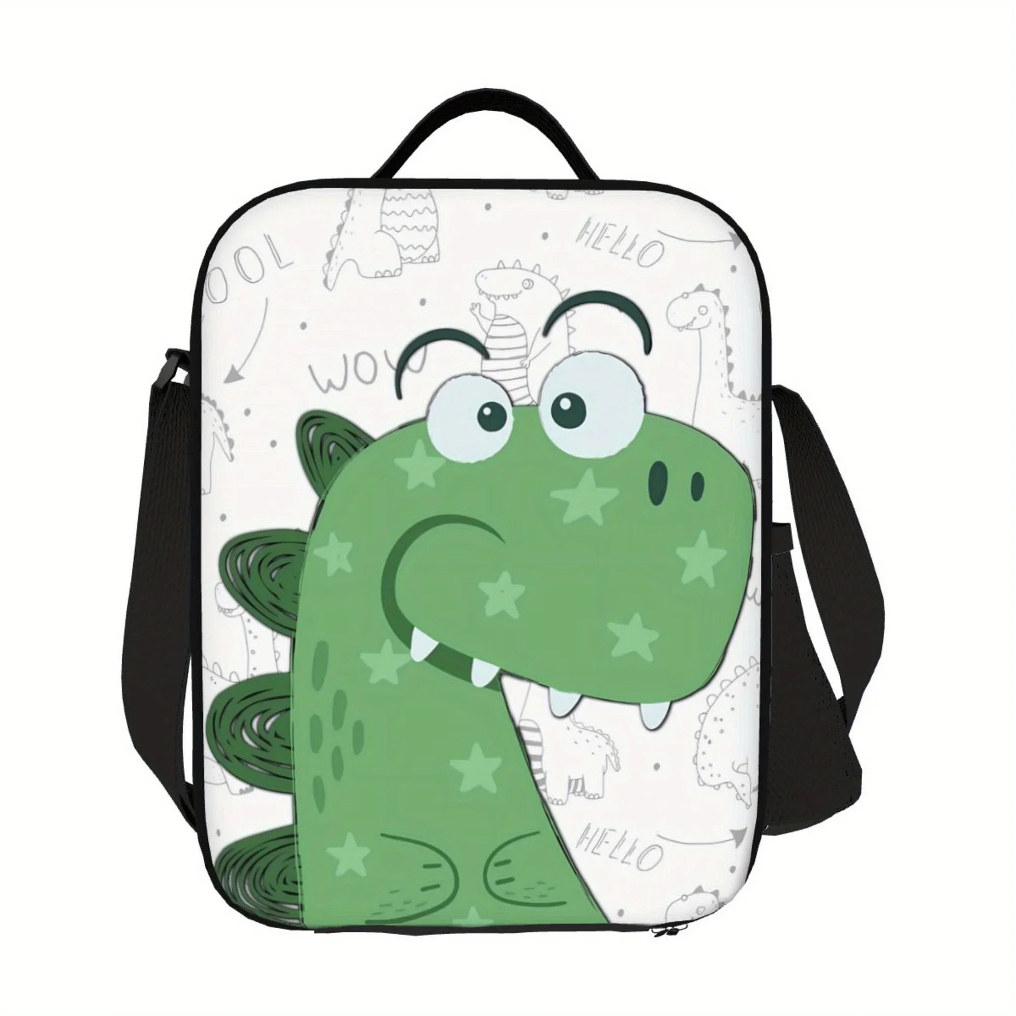 1pc Green Dinosaur Pattern Insulated Lunch Bag - Waterproof Polyester, Reusable Cooler with Playful Dinosaur Design,