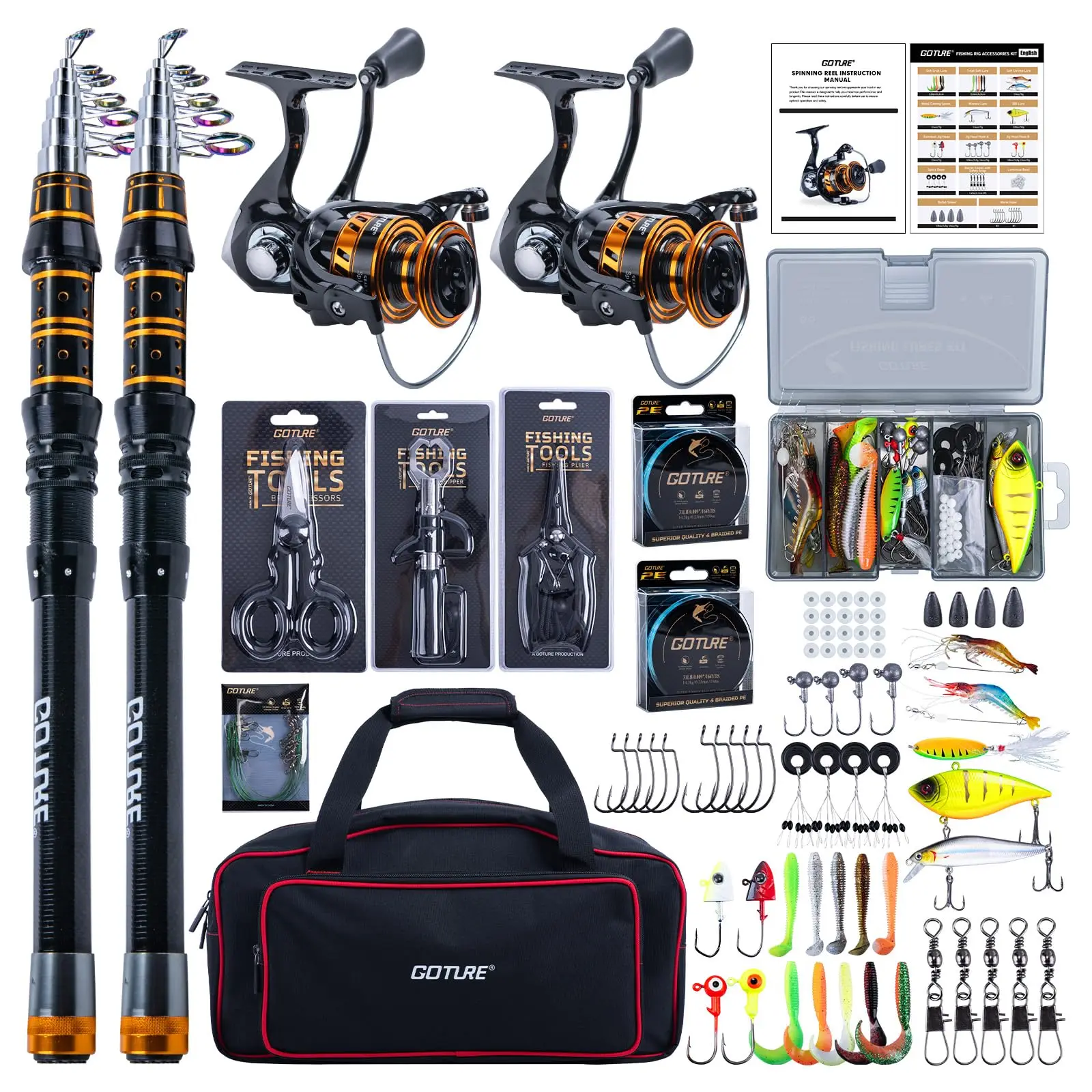 Goture 2Pcs Portable Telescopic Fishing Rod Spinning Reel Full Accessory Set,Carbon Fishing Kit with Carry Bag,Fishing Tools