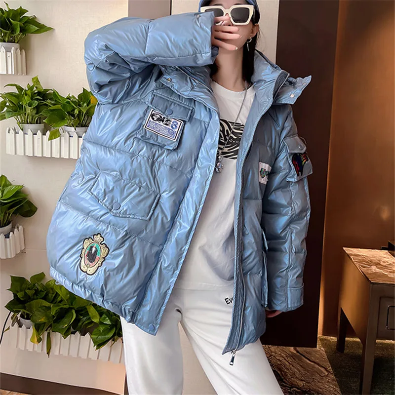 Winter Jacket Women Casual Hooded Down Jackets Pocket Zipper Fashion Embroidery Loose Cotton Coat Thick Warm Parkas Female