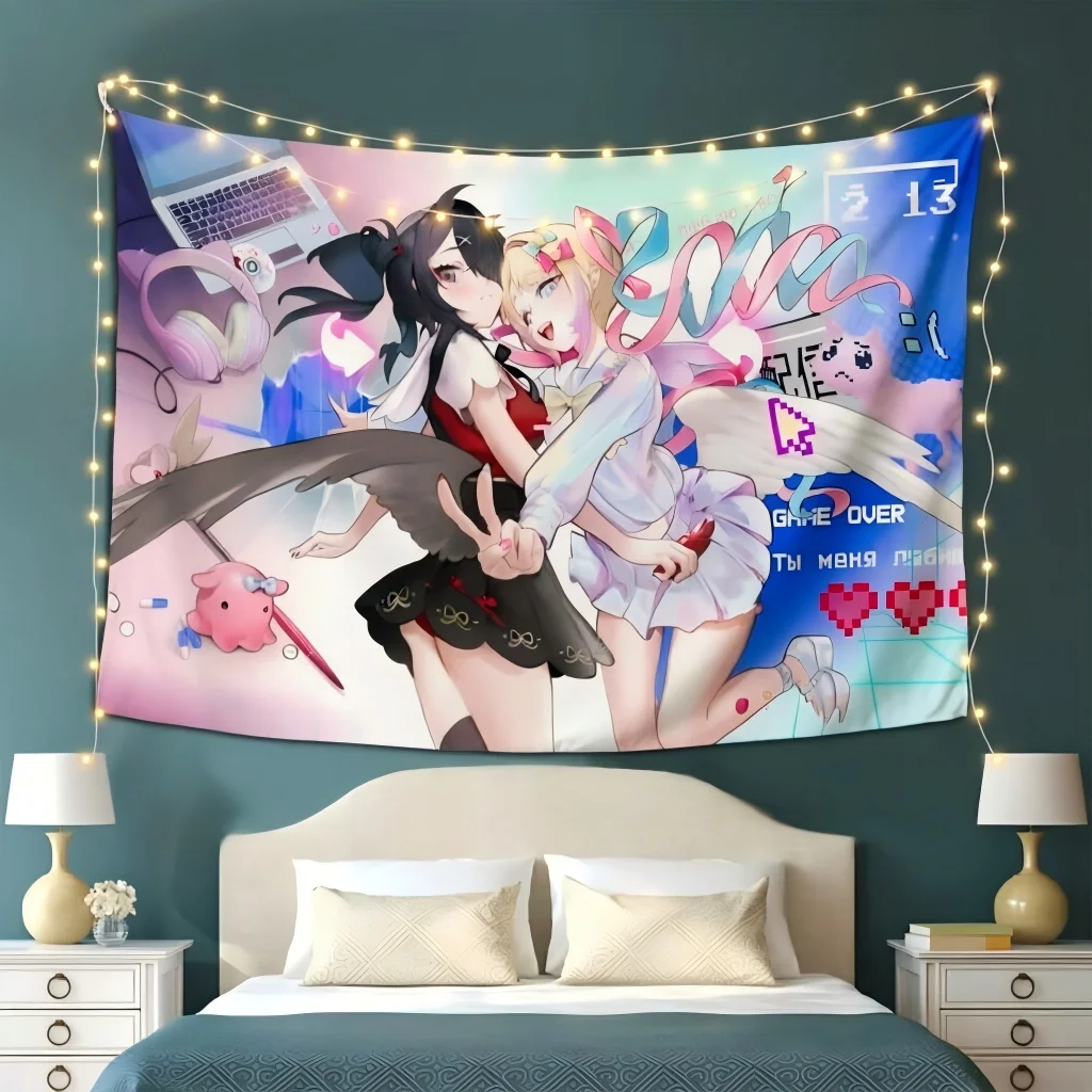 1pc kawaii angel Twin Angel Vtuber Tapestry Pixel Octopus Wing Print Wall Hanging Yami Kawaii Egirl Decor Bedroom Dorm Fans Gift