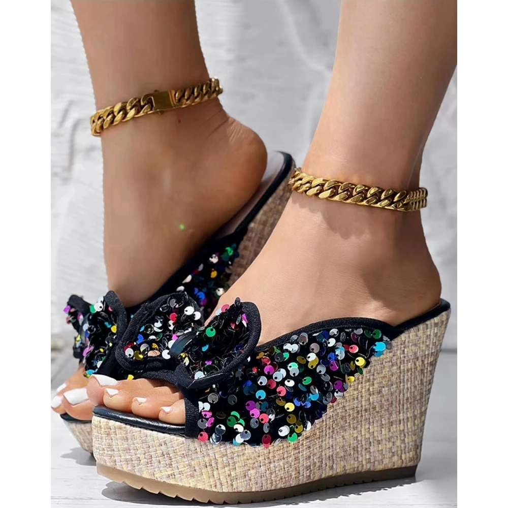 

Women Outdoor Contrast Sequin Bowknot Decor Wedge Sandals Summer Fashion Peep Toe Heeled Shoes Going Out Beach Sandals