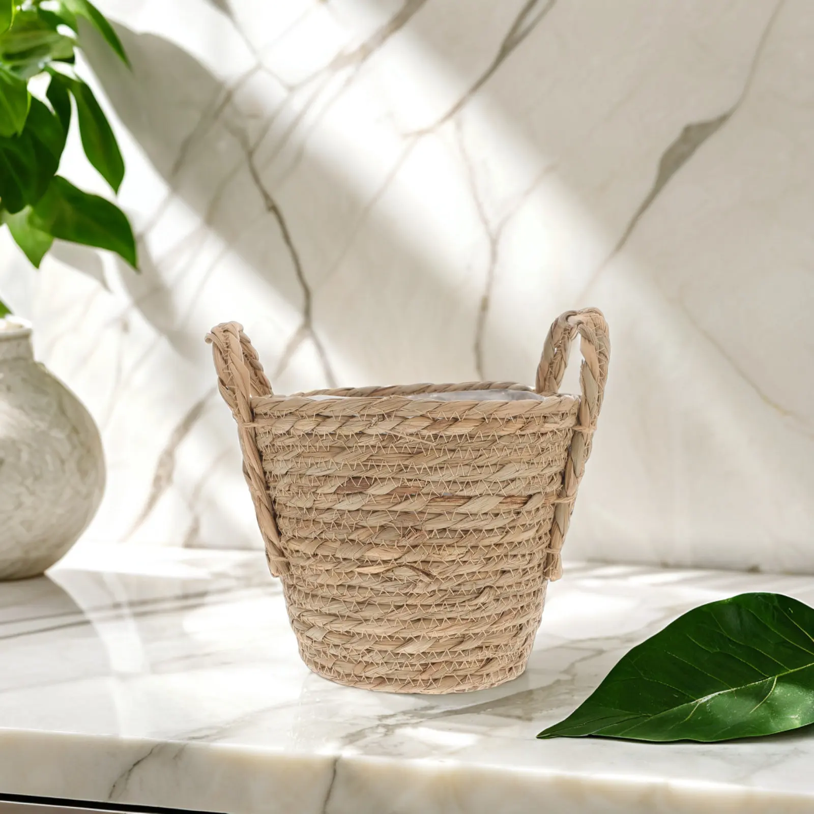 1Pcs Straw Flowerpot 20Cm Retro Planter Indoor Storage Multipurpose Braided Seagrass Basket Flowerpot Bucket for Table Shelves