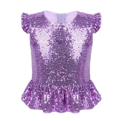 Kids Girls Mermaid Costume Sparkly Sequins Short Flutter Sleeves Ruffle T-shirts Dance Performance Carnival Birthday Party Tops