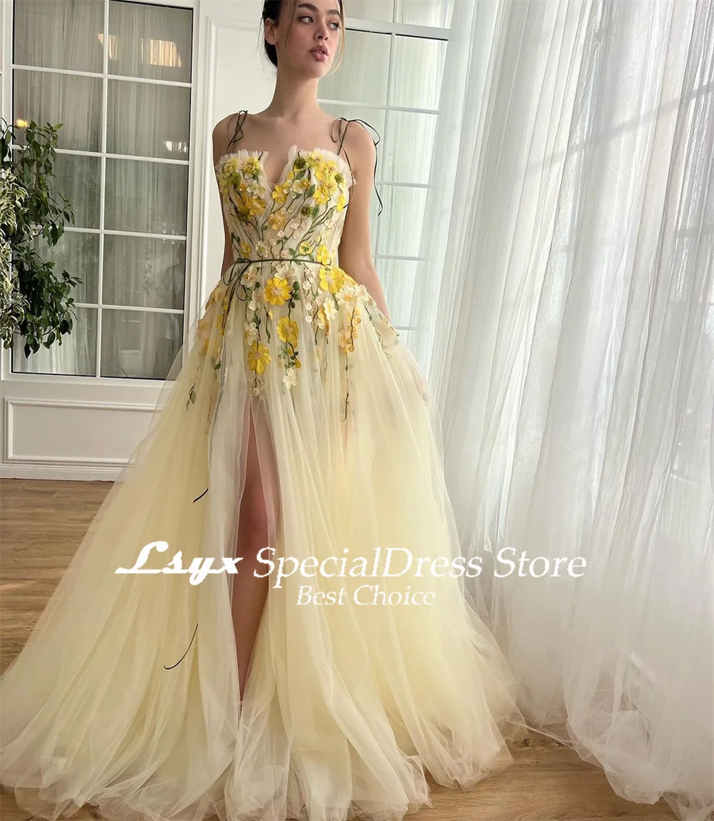 LSYX Yellow Pastrol Prom Gown A-line Floral Appliques Evening Dresses 2024 Fairy Spaghetti Strap Tulle Birthday Party Dresses