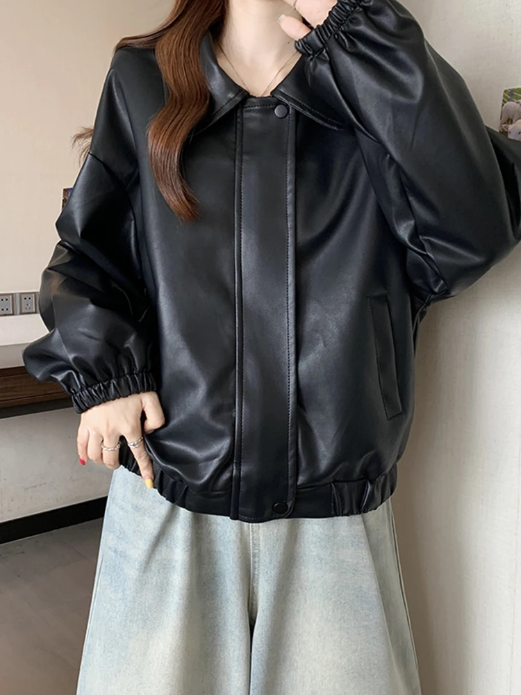 Giacca in Pelle da Donna Stile Coreano Oversize con Colletto Rovesciato Versatile per Autunno Inverno