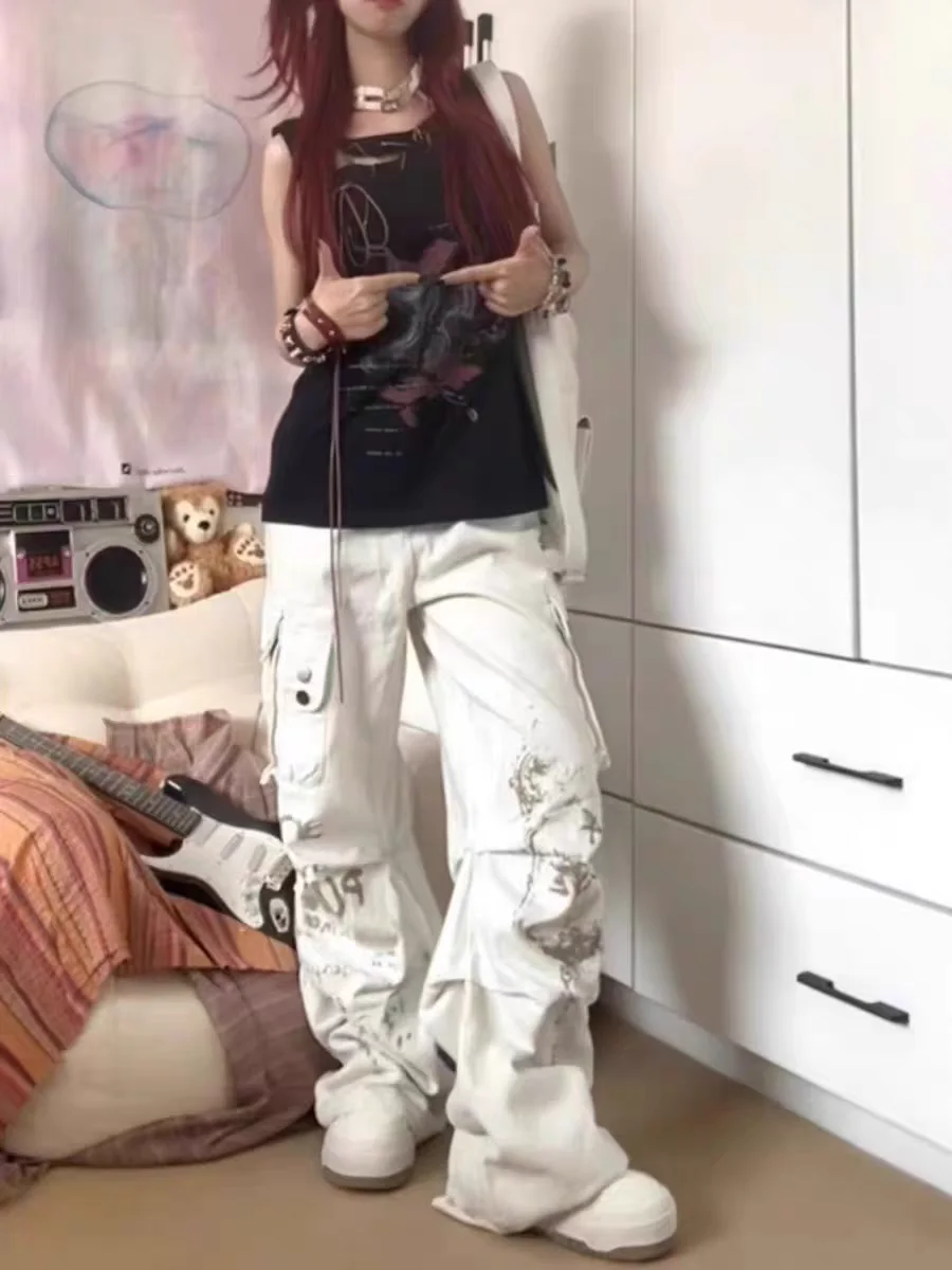 Women Off white Baggy Cargo Pants Vintage Harajuku Y2k Aesthetic Oversize Parachute Pants High Waist Wide Trousers 2000s Clothes