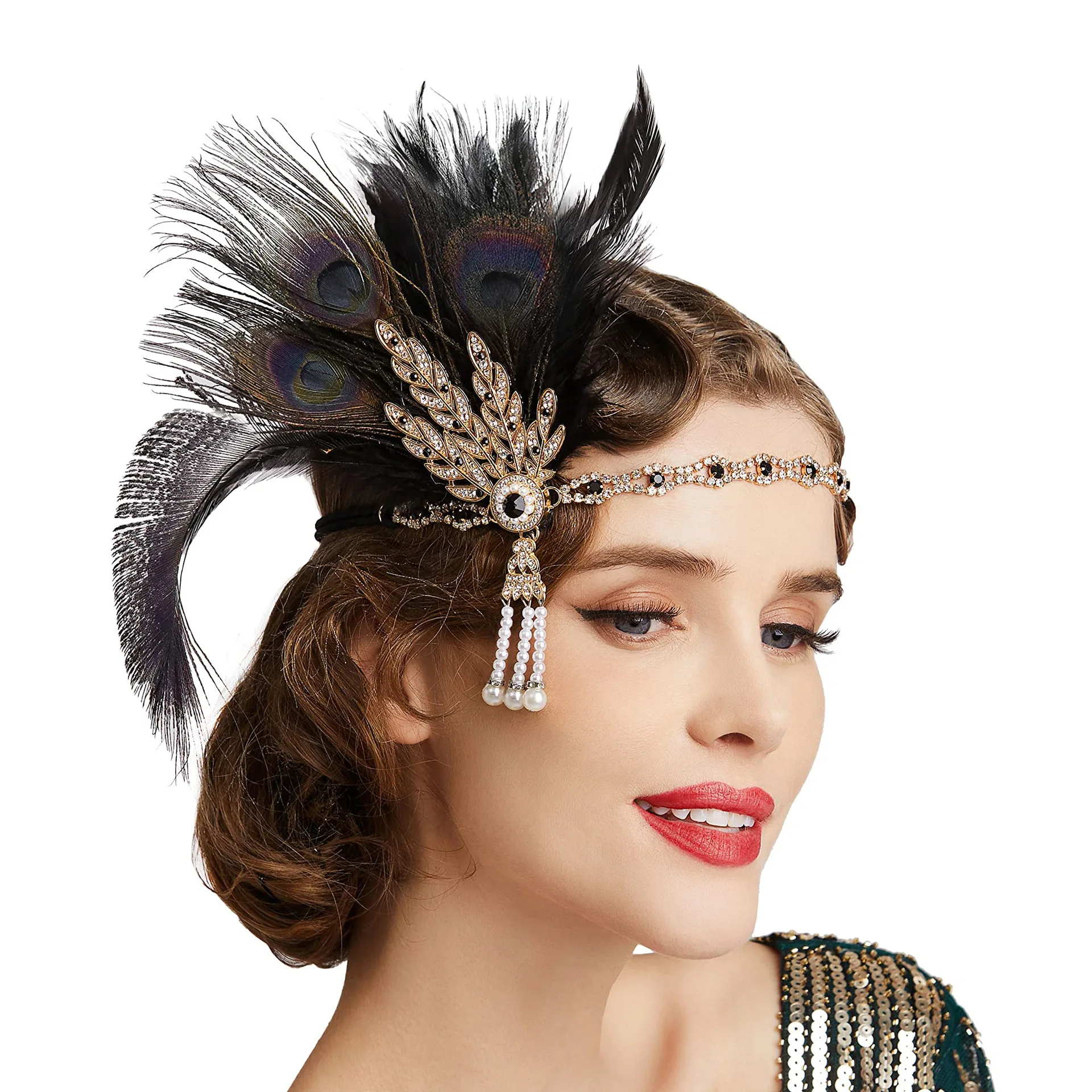 2024 New Peacock Feather Headband 1920s Flapeer Girl Headpiece with Rhinestone Tassel Vintage Party Photography Hair Accessories