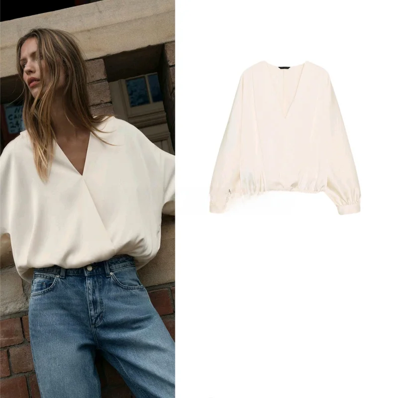 

Весенняя новинка: Женская блузка с длинным рукавом, V-образным вырезом, двойным передним слоем, из шелковистого сатина, дышащая, свободного кроя, полиэстер.