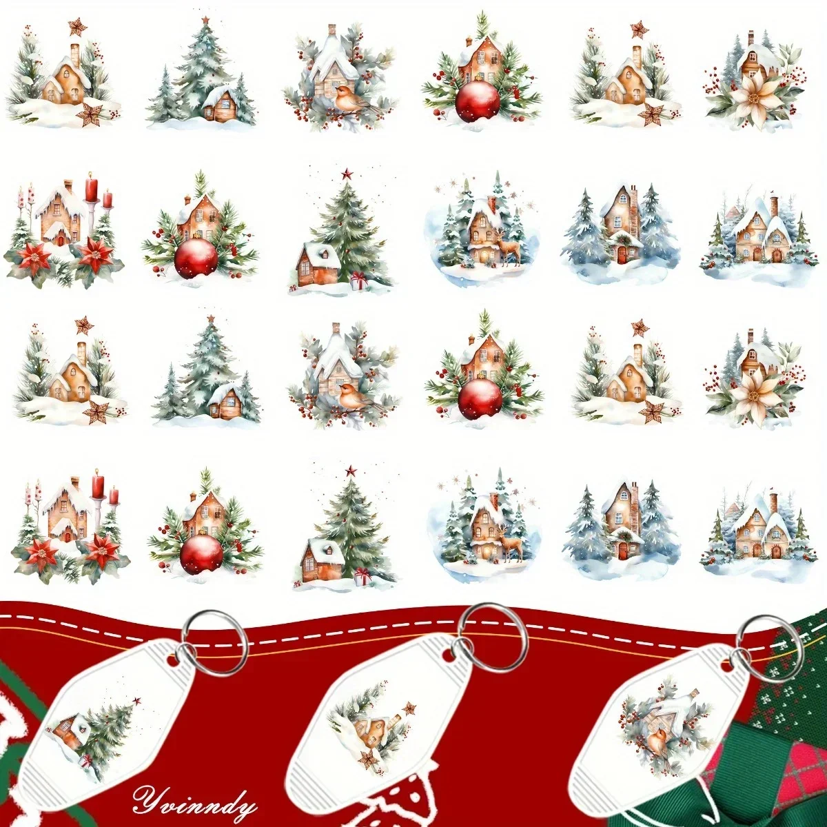 24Pcs/Set UV DTF Winter Snowscape House UV DTF Packaging Transfer Paper Waterproof Keychain Sticker For Hotel Keychains