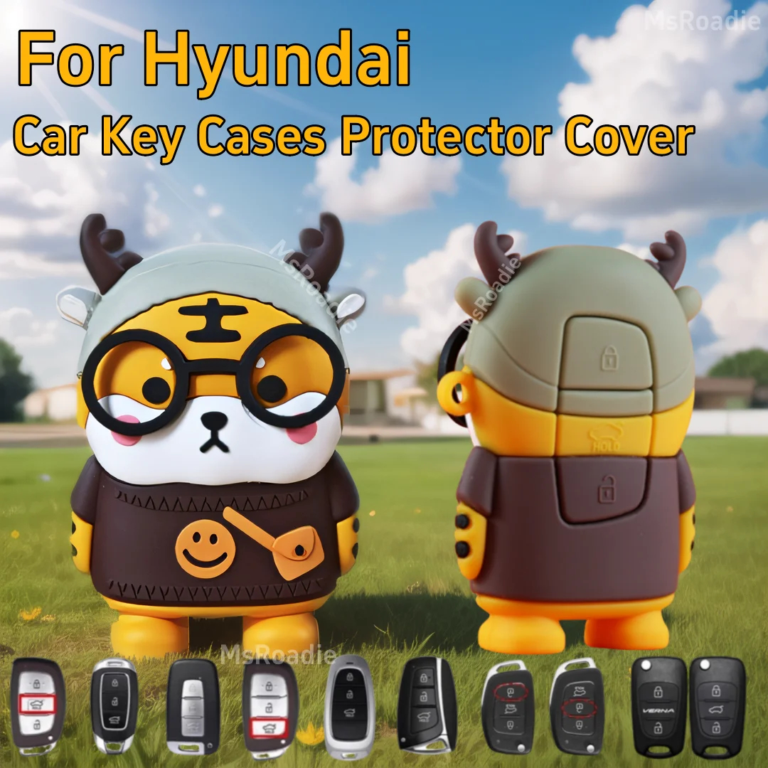 For Hyundai Tucson Santa Fe Rena Sonata Elantra Creta Ix35 Ix45 I10 I30 I40 Cartoon Tiger Car Key Cases Cover Car Accessories