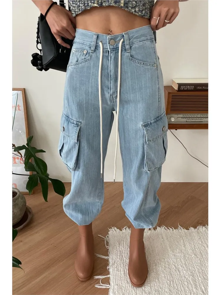 Jeans Herbst hohe Taille Hose Frauen lässig lose koreanische Stil plissierte Damen weites Bein Hosen Mode Frau lange Cargo hose