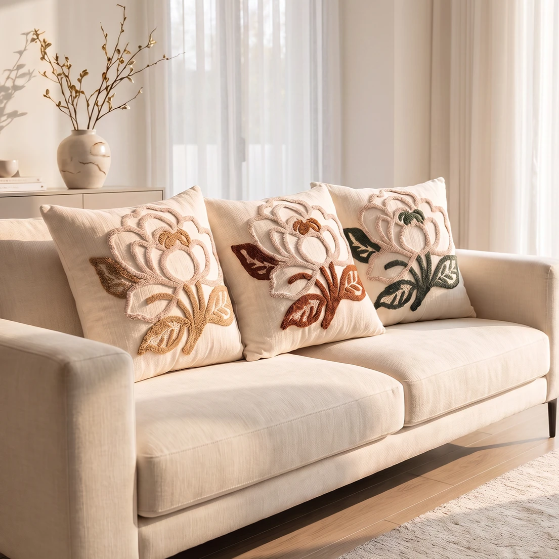 Luxurious Chenille Tufted Cushion Cover 45x45cm Floral Embroidery with Hidden Zipper, Soft Velvet Feel for Couch & Bedroom