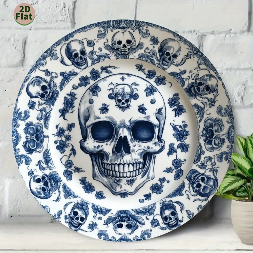 2D flat Sugar Skull Porcelain Plate Blue And White Floral Pattern, High-Resolution Durable Metal Material, No Text Center