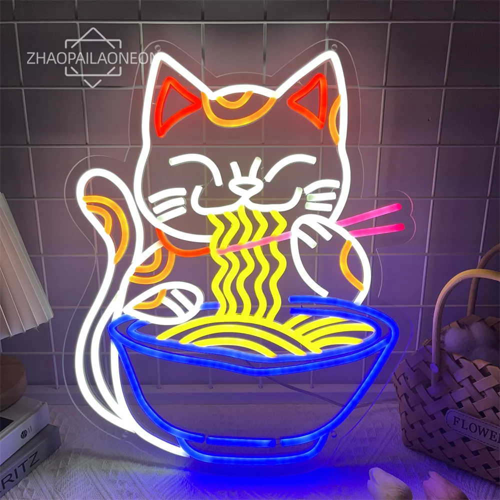 

Fortune Cat Ramen Neon Sign, Dimmable Japanese Lucky Cat Noodle Ramen Led Neon Signs for Wall Decor Resturant Home Bar