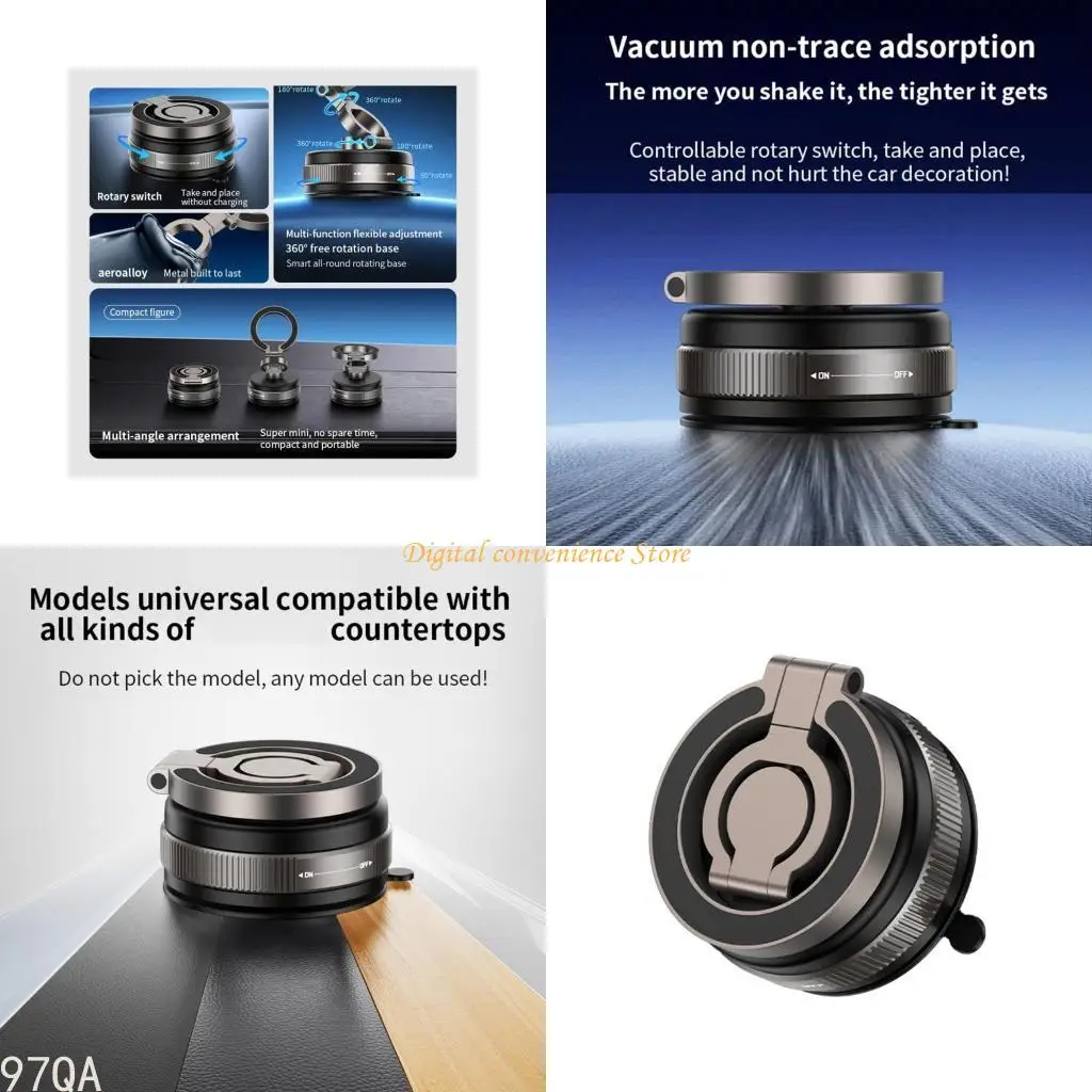 

97QA Phone Holder Bracket Stand Rack 360 Degree Rotation Powerful Magnets for Car Mount Strong Grip Vacuum Suction Attachment