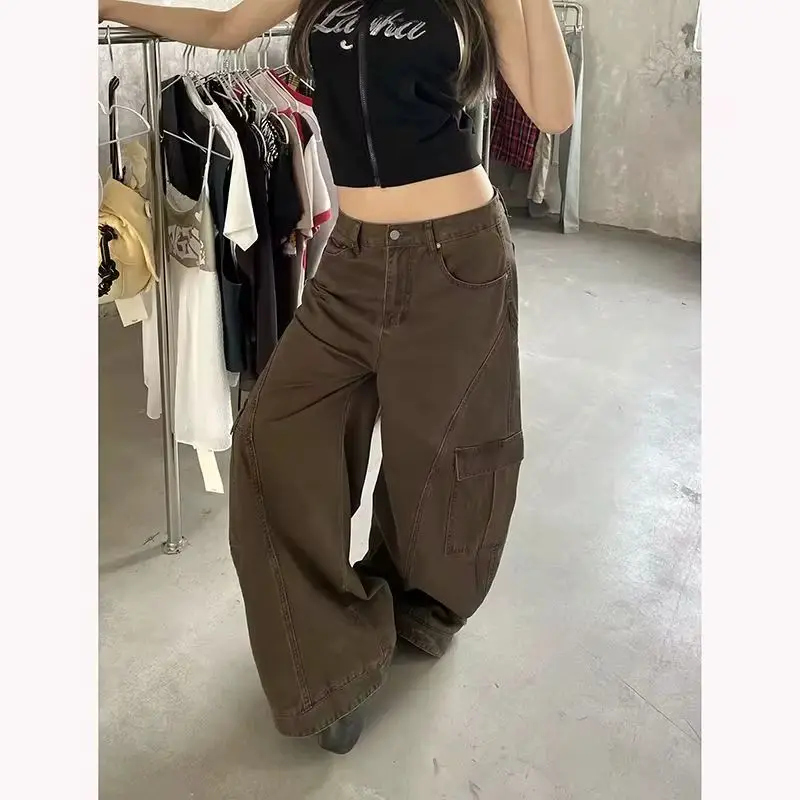 

Брюки-карго Y2K, женские винтажные коричневые рабочие брюки с несколькими карманами, элитные модные брюки Y2K с 3D коническим кроем
