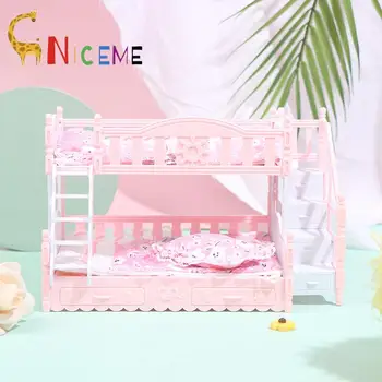 בובת ילדי בית לשחק עבור ברבי בובת אביזרי סימולציה ריהוט אירופאי נסיכת מיטה זוגית עם מדרגות צעצועים