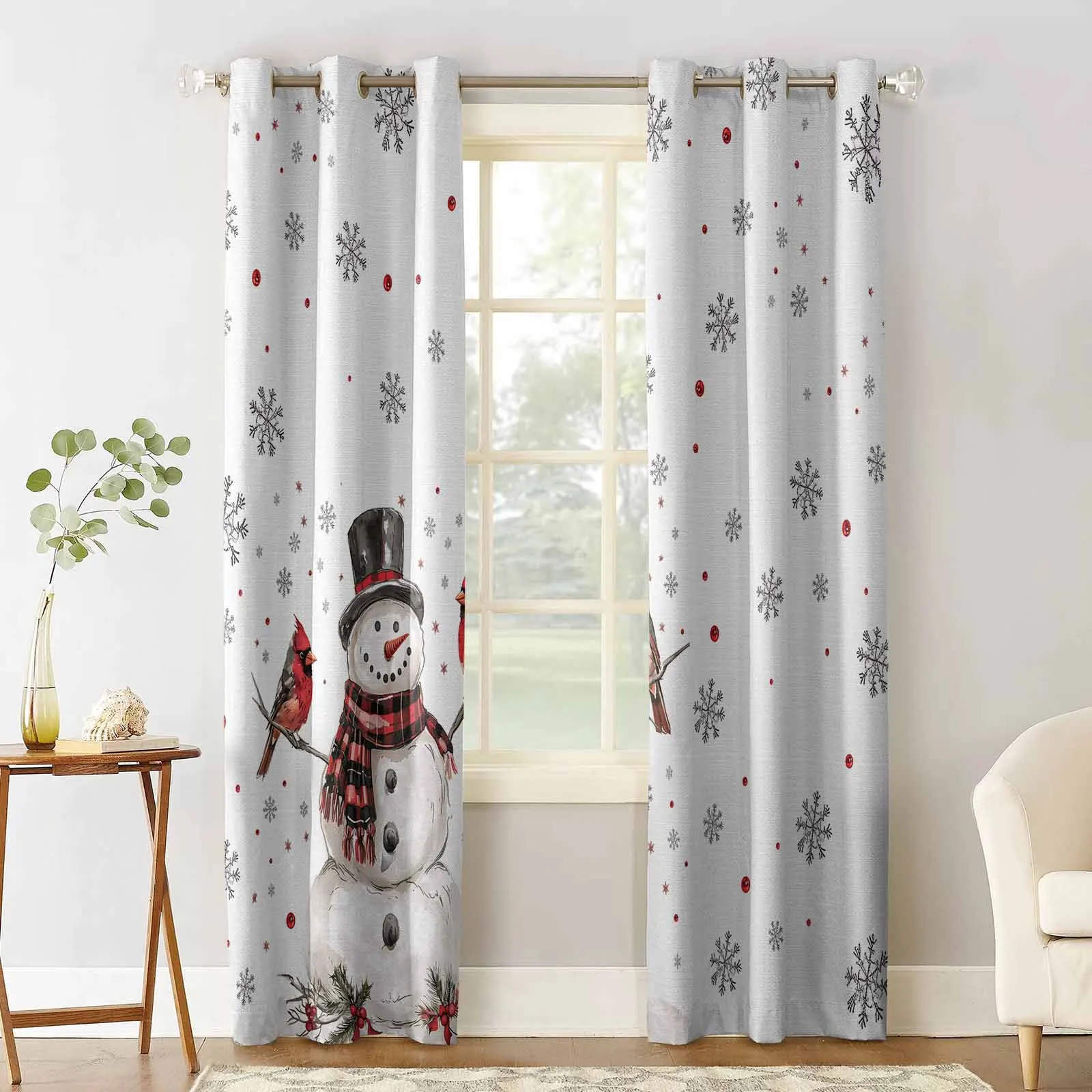 Christmas Snowman Checkered Scarf Cardinals Blackout Curtains For Living Room Bedroom Window Treatment Blinds Kitchen Drapes