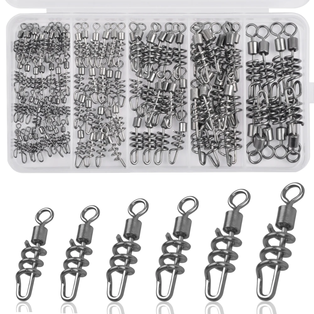 105Pcs/Box Fishing Swivel Corkscrew Snap Stainless Steel Quick Change Swivels Fishing Connector for Carp Fishing Accessories