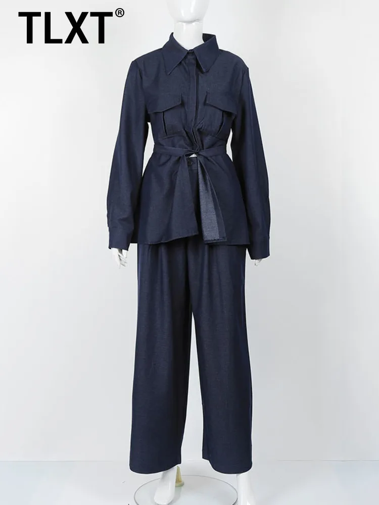 

TLXT женский комплект джинсовой куртки, летние пиджаки с воротником-стойкой и несколькими карманами, повседневные пиджаки с талией 2025 года, высокое качество, прямые брюки из двух предметов