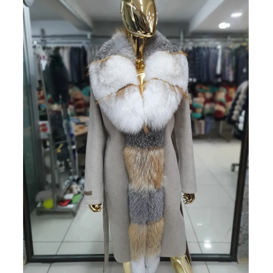 Fur Coat Women Cashmere Wool Coat With Fox Fur Collar Winter Jacket Women 2022 Real Silver Fox Fur Coat Warm Winter